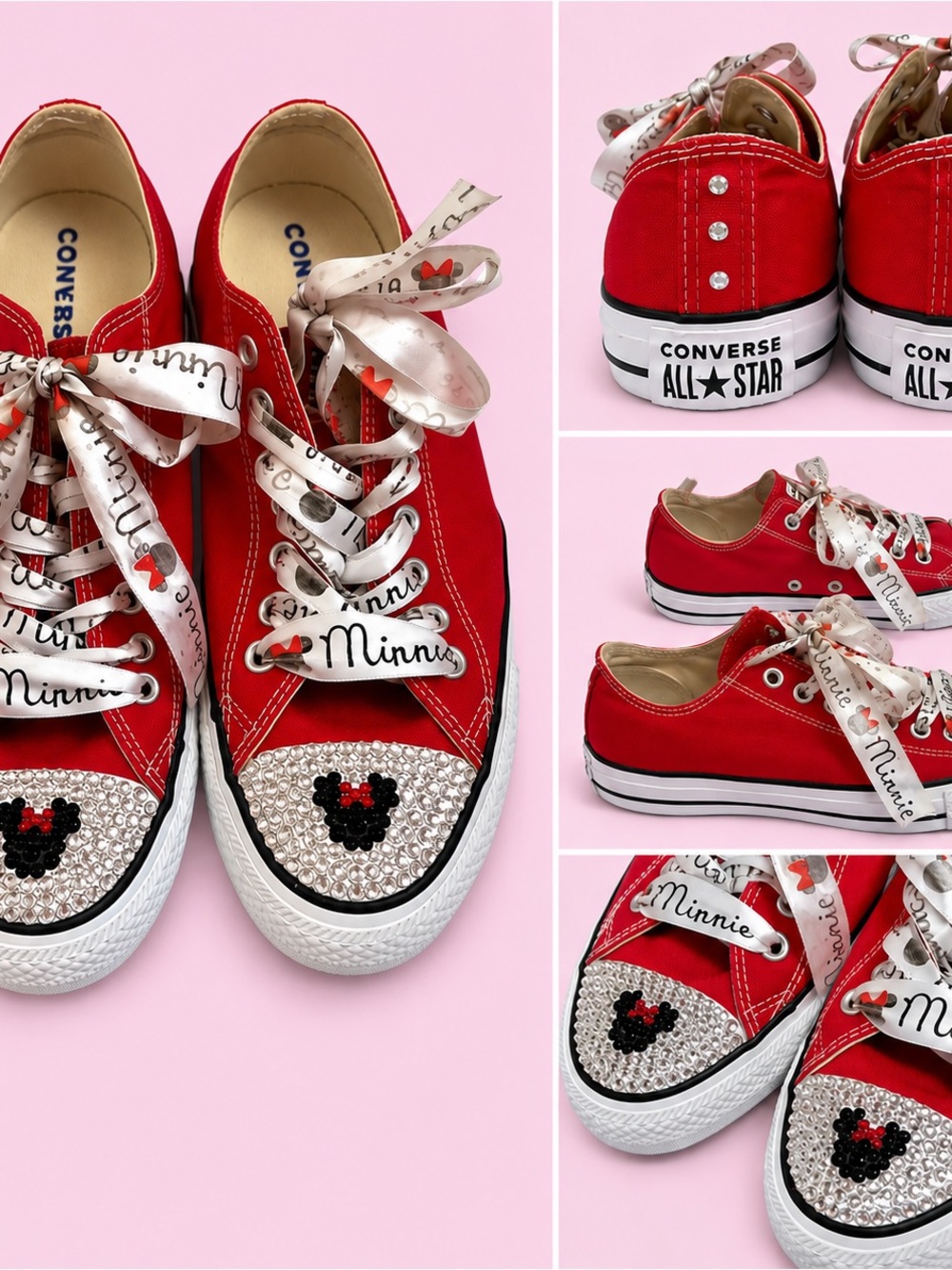 Converse Women’s Custom-Designed Red Minnie Mouse Crystal Accent Lowtop Sneakers